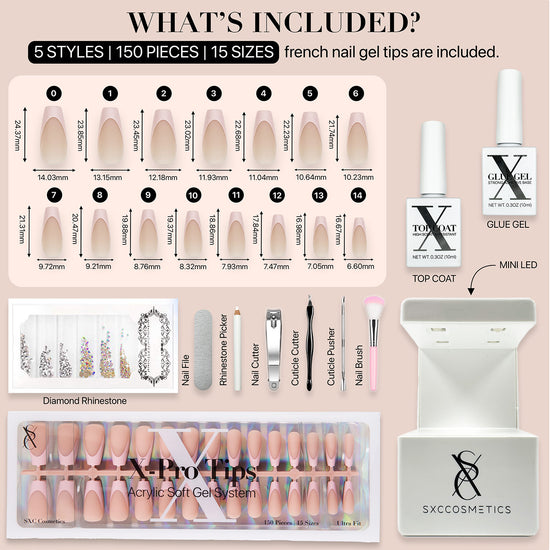 SXC Cosmetics French Tip Press On Nails, Skin Tone Series, Medium Coffin, X-Pro Tips Starter Kit