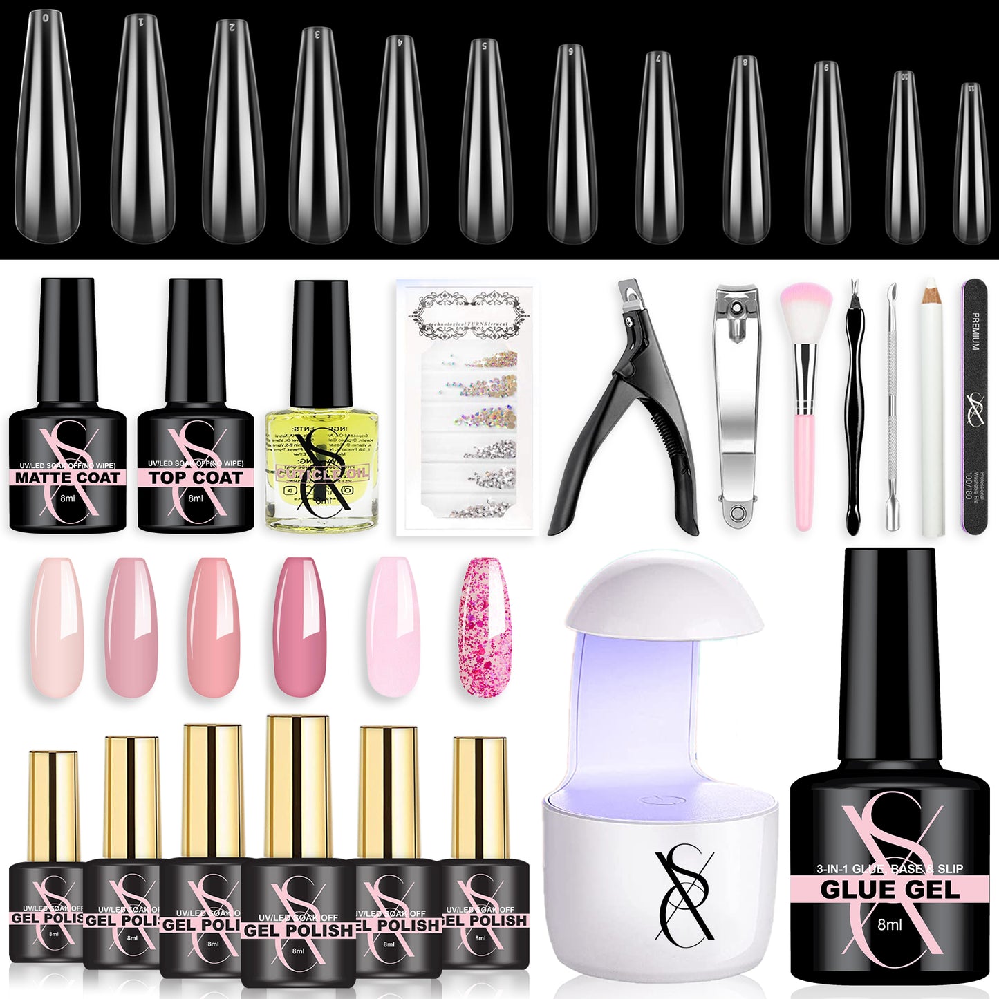 SXC Cosmetics Gel X Nail KIt 6 Colors Pink Series with XXL Nail Tips f