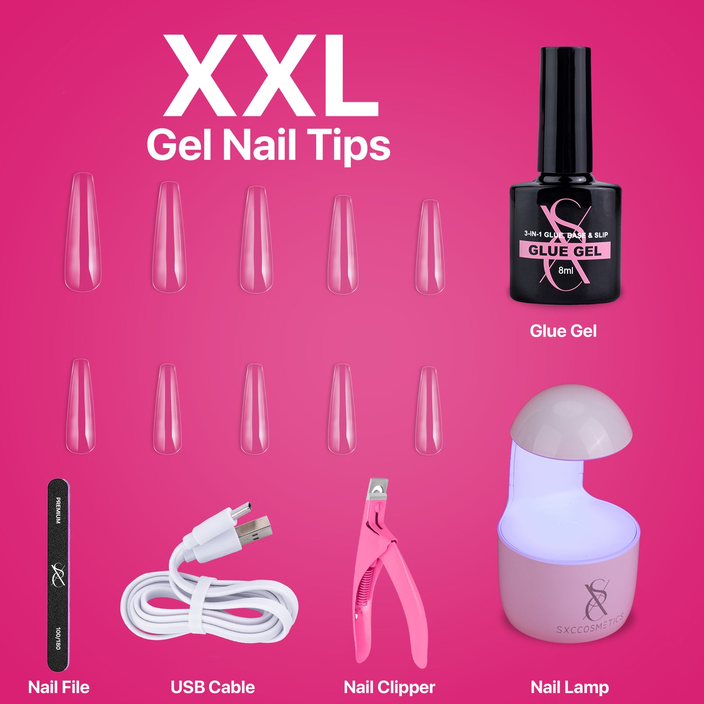 SXC Gel X Nail Kit with XXL Nail Tips and Glue Gel for beginners!